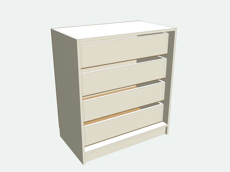 Dresser with the drawer fronts removed, showing the inside