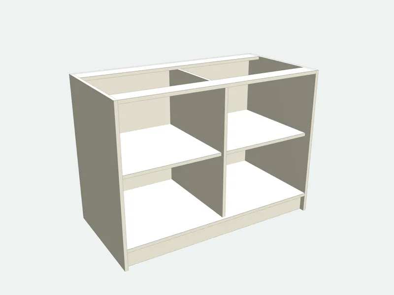 Kitchen island with the doors removed, showing the inside