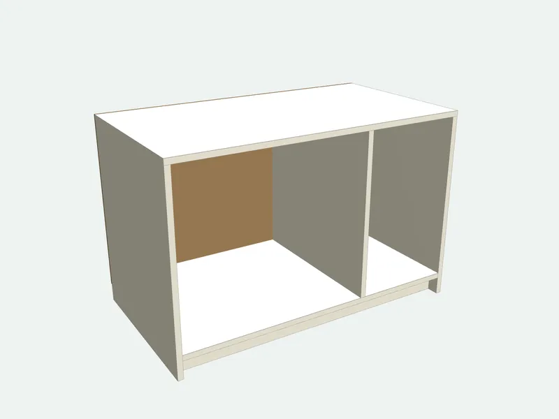 Litter box cabinet with the doors removed, showing the inside